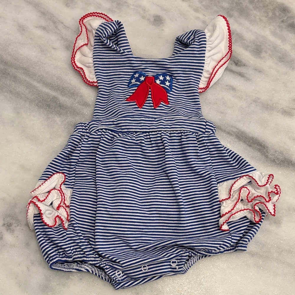 Blue Striped Kids One Piece with Red Bow